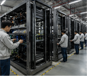 Technicians integrating server racks
