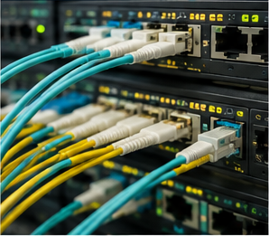 Fiber optic cables connected into network switches
