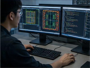 Engineer viewing chip layout and code on multiple monitors