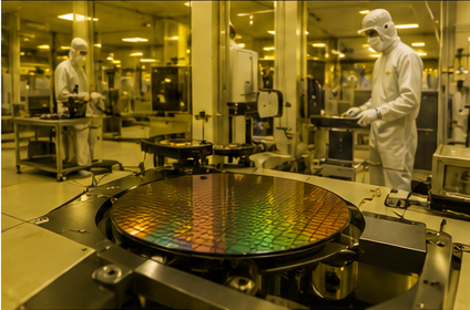 Semiconductor wafer being handled in a cleanroom